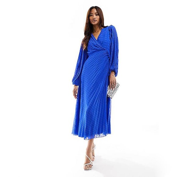 ASOS DESIGN Pleated Chiffon Maxi Cobalt Dress with Dotted Texture, size 14, NWT - Picture 1 of 9